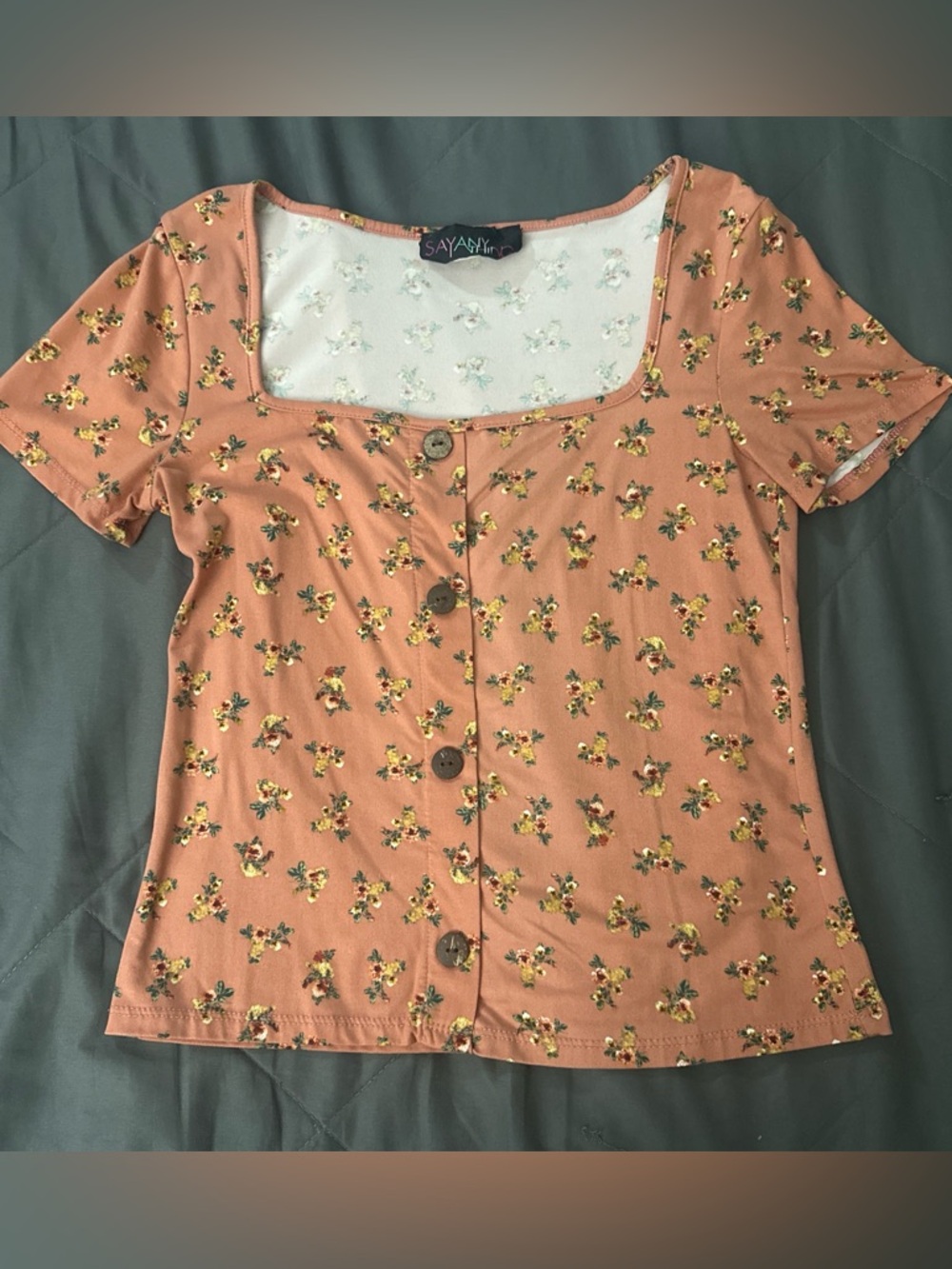 Peach Floral juniors medium crop top Square-Neck faux Button Front Top
